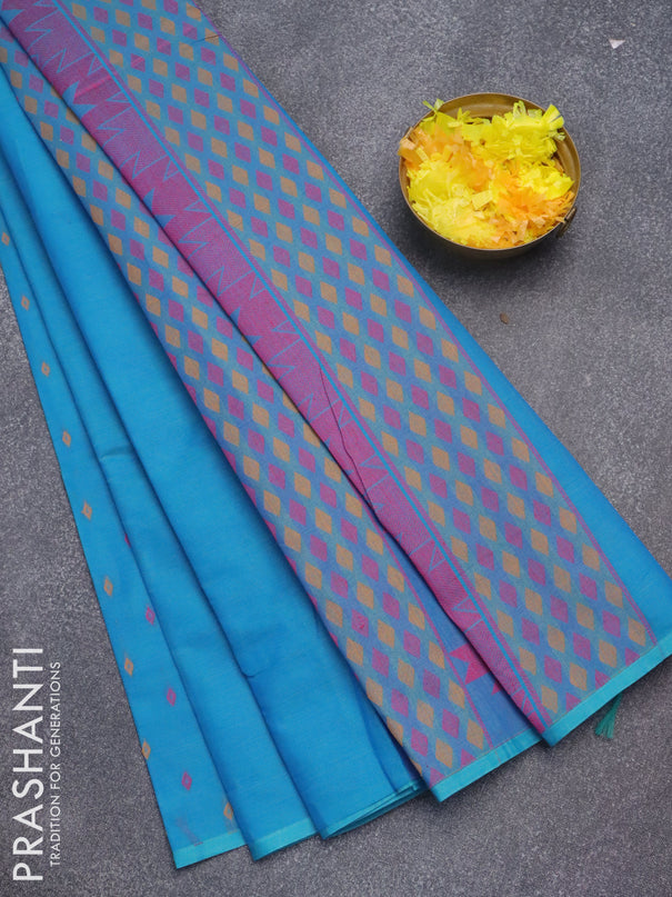 Nithyam cotton saree cs blue with geometric thread woven buttas in borderless style