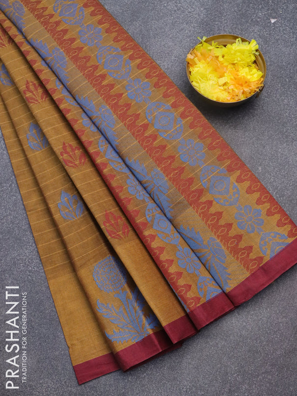 Nithyam cotton saree dark mustard yellow and maroon with allover thread stripes & buttas and thread woven butta border