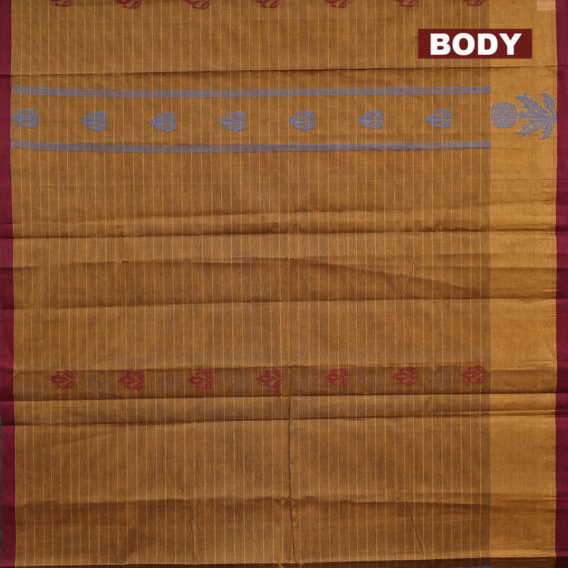 Nithyam cotton saree dark mustard yellow and maroon with allover thread stripes & buttas and thread woven butta border