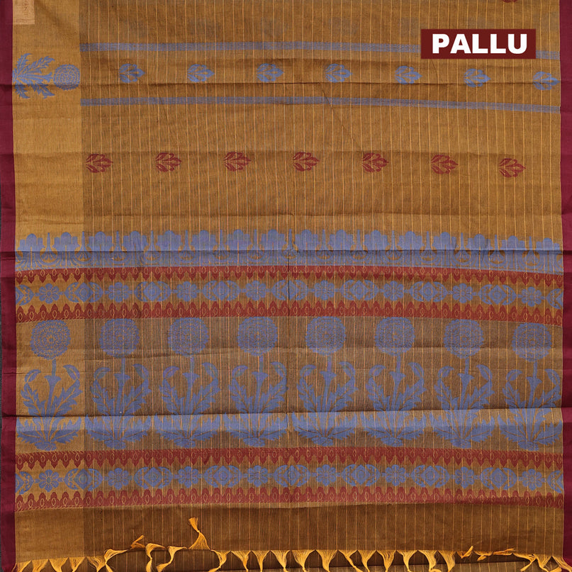 Nithyam cotton saree dark mustard yellow and maroon with allover thread stripes & buttas and thread woven butta border