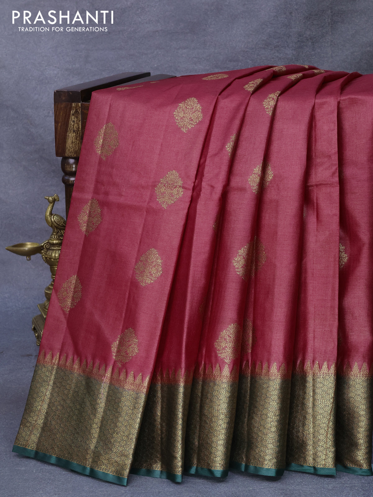 Dupion silk saree green and pink with plain body and temple zari woven – Prashanti  Sarees