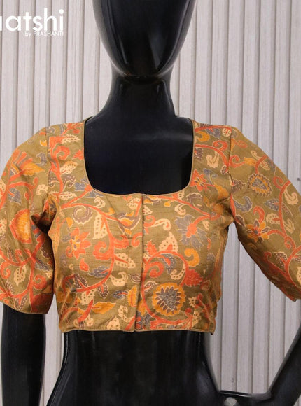 Raw silk readymade blouse dark mustard with allover floral prints and back knot