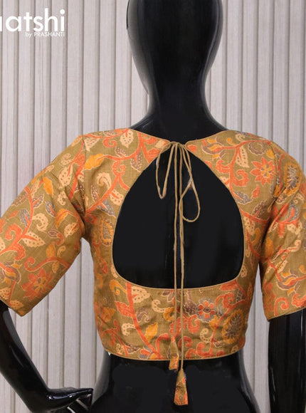 Raw silk readymade blouse dark mustard with allover floral prints and back knot