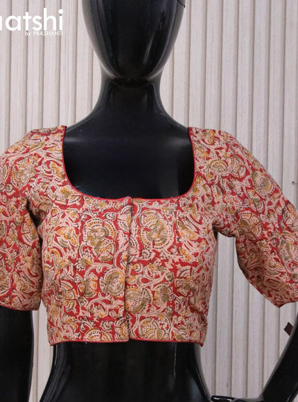 Kalamkari cotton readymade blouse red and beige with allover prints and back knot