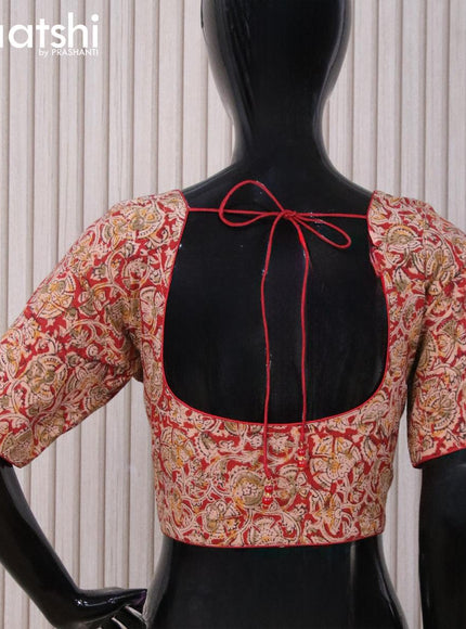 Kalamkari cotton readymade blouse red and beige with allover prints and back knot