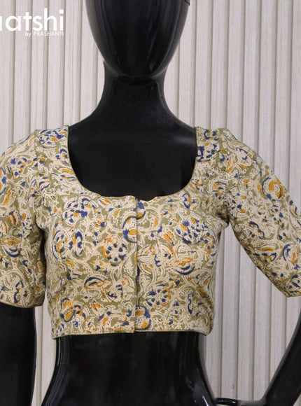 Kalamkari cotton readymade blouse beige and olive green with allover prints and back knot