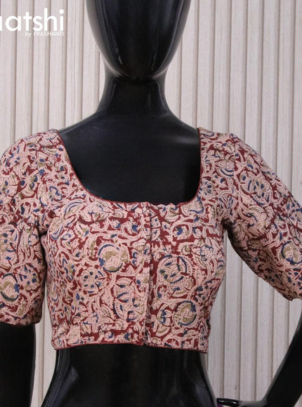 Kalamkari cotton readymade blouse beige and maroon with allover prints and back knot