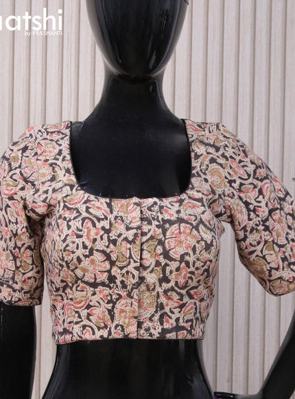 Kalamkari cotton readymade blouse beige and black with allover prints and back knot