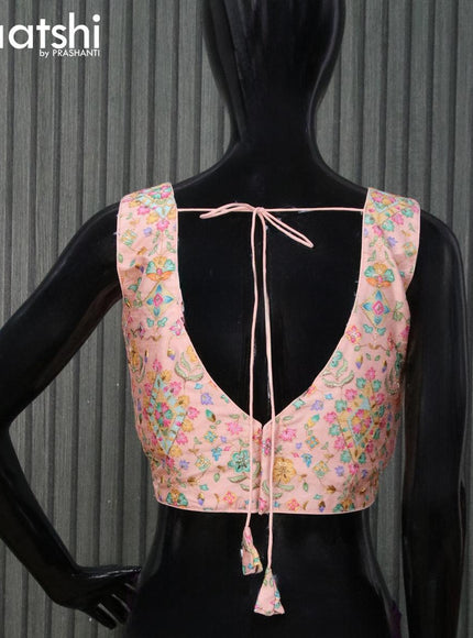 Raw silk readymade blouse pastel peach with embroidery work & V shape neck pattern and back open & sleeve attached