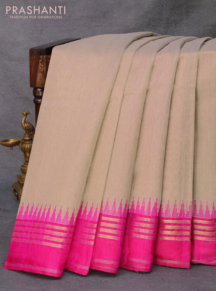 Pure dupion silk saree beige and pink with plain body and temple design zari woven border