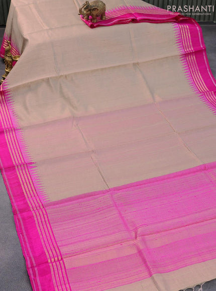 Pure dupion silk saree beige and pink with plain body and temple design zari woven border