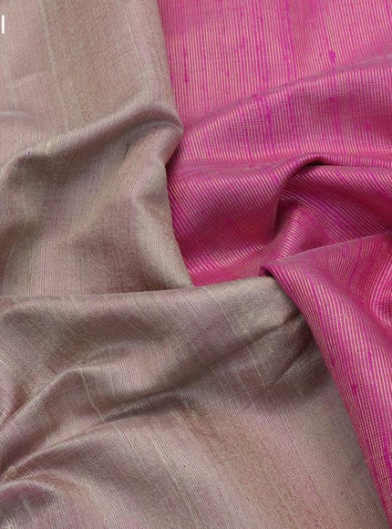 Pure dupion silk saree beige and pink with plain body and temple design zari woven border