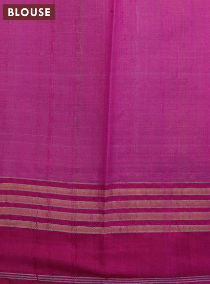 Pure dupion silk saree beige and pink with plain body and temple design zari woven border