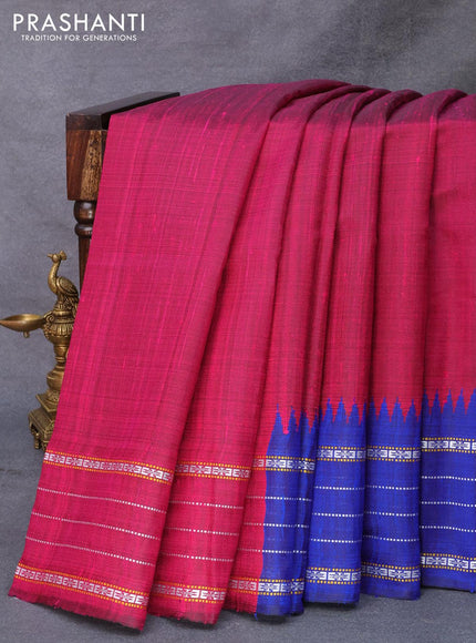 Pure dupion silk saree pink and blue with plain body and temple design vidarbha border