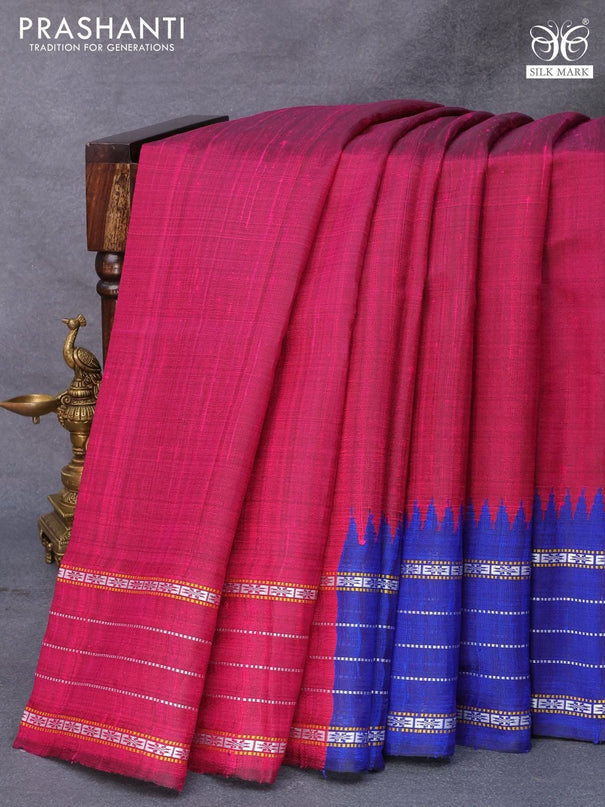 Pure dupion silk saree pink and blue with plain body and temple design vidarbha border