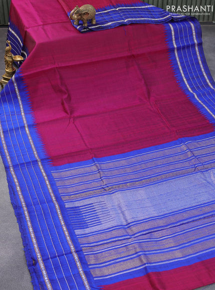 Pure dupion silk saree pink and blue with plain body and temple design vidarbha border