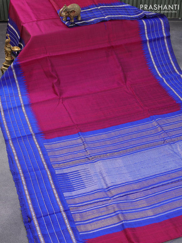 Pure dupion silk saree pink and blue with plain body and temple design vidarbha border