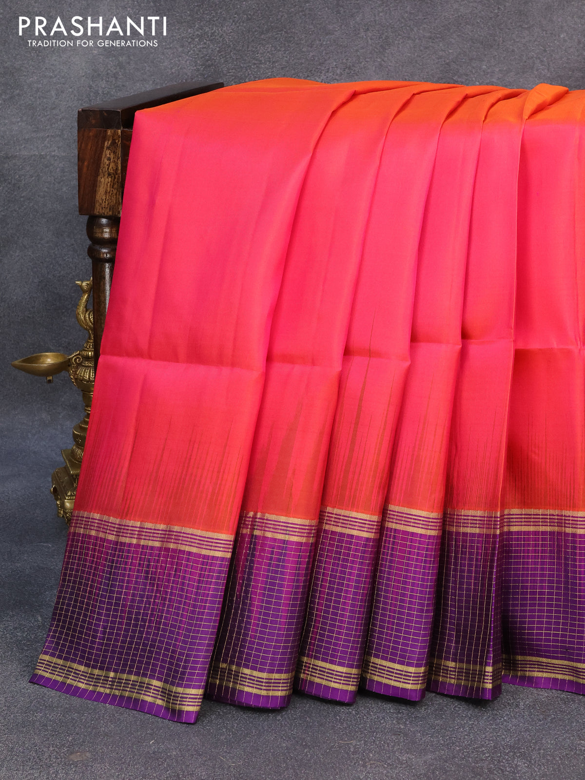 Purple and Orange Uppada Silk Handloom Plain Saree with One Side Big B