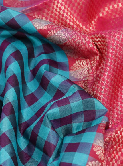 Pure soft silk saree deep purple teal blue and pink with paalum pazhamum checked pattern and rettapet zari woven border