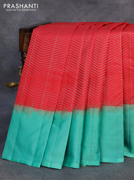 Pure soft silk saree red and teal green with allover silver zari weaves and silver zari woven border