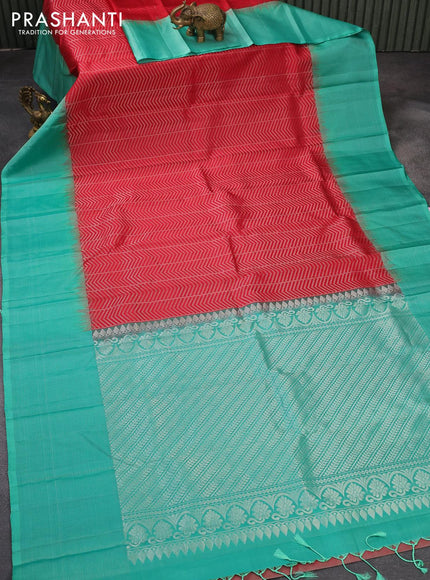 Pure soft silk saree red and teal green with allover silver zari weaves and silver zari woven border