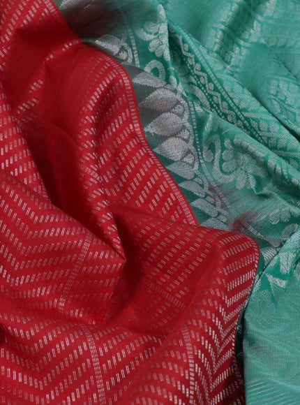 Pure soft silk saree red and teal green with allover silver zari weaves and silver zari woven border