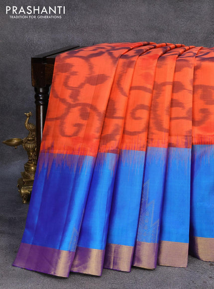 Ikat soft silk saree orange and dual shade of blue with allover ikat weaves and long rich zari woven border