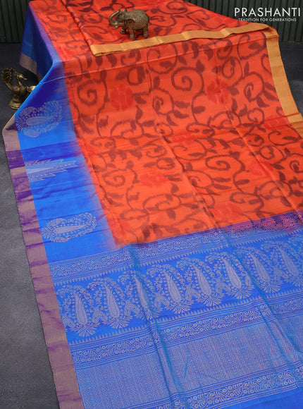 Ikat soft silk saree orange and dual shade of blue with allover ikat weaves and long rich zari woven border