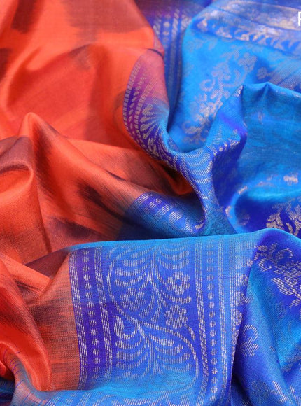 Ikat soft silk saree orange and dual shade of blue with allover ikat weaves and long rich zari woven border