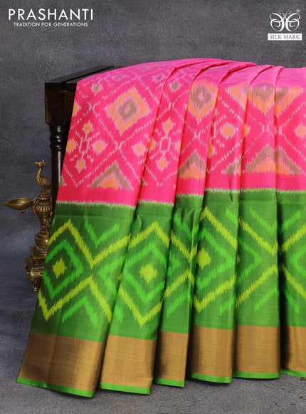 Ikat soft silk saree pink and green with allover ikat weaves and zari woven border