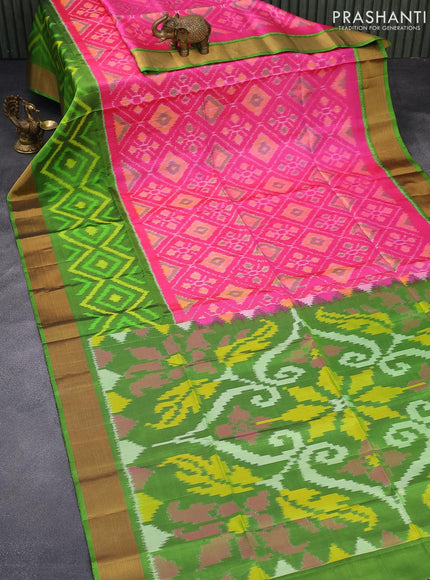 Ikat soft silk saree pink and green with allover ikat weaves and zari woven border