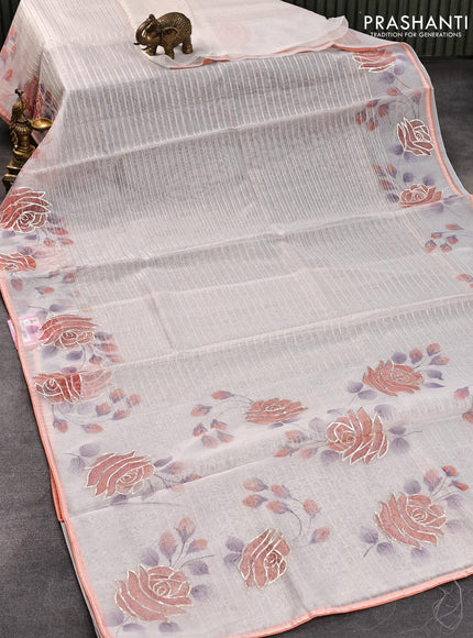 Pure organza silk saree off white with allover silver zari stripes pattern and floral design beaded work border