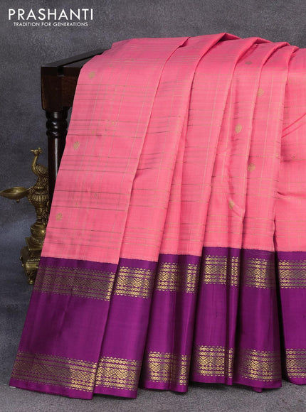 Pure kanjivaram silk saree pink and purple with allover zari checked pattern and rettapet zari woven border