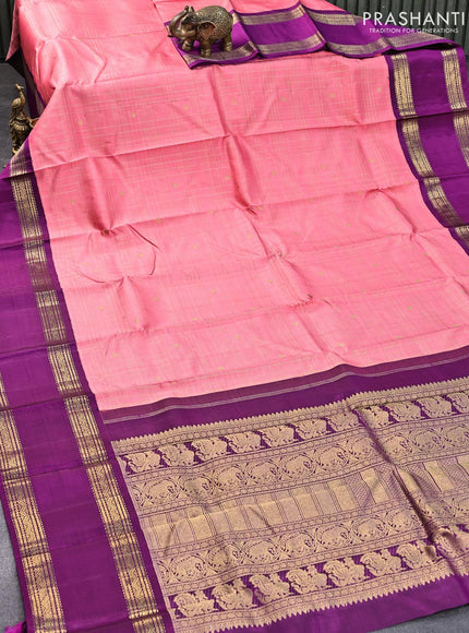 Pure kanjivaram silk saree pink and purple with allover zari checked pattern and rettapet zari woven border