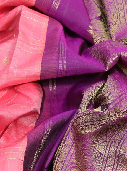 Pure kanjivaram silk saree pink and purple with allover zari checked pattern and rettapet zari woven border