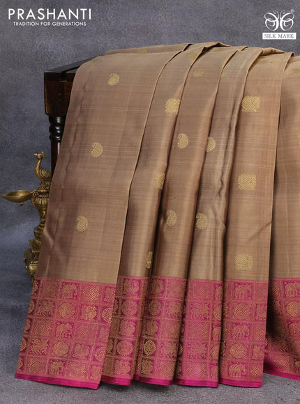 Pure kanjivaram silk saree chikku shade and dark magenta pink with annam & paisley zari woven buttas and zari woven border