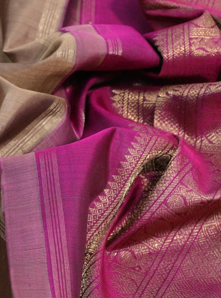 Pure kanjivaram silk saree chikku shade and dark magenta pink with annam & paisley zari woven buttas and zari woven border