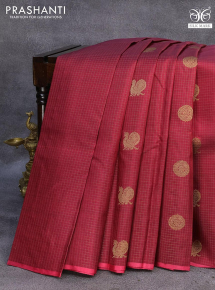 Pure kanjivaram silk saree maroon and pink with allover small zari checks annam & mayil chakram buttas and piping border