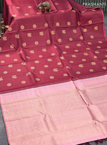 Pure kanjivaram silk saree maroon and pink with allover small zari checks annam & mayil chakram buttas and piping border