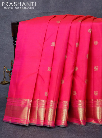 Pure kanjivaram silk saree pink and dual shade of green with annam & rudhraksha zari woven buttas and zari woven border