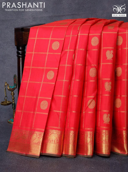 Pure kanjivaram silk saree dual shade of pink and green with allover zari checks annam & rudhraksha zari woven buttas and annam & elephant design zari woven border