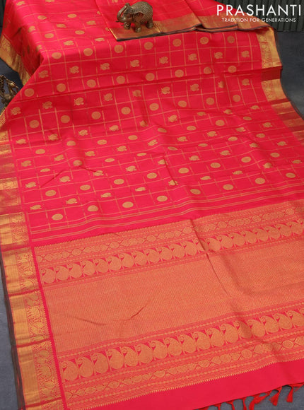 Pure kanjivaram silk saree dual shade of pink and green with allover zari checks annam & rudhraksha zari woven buttas and annam & elephant design zari woven border