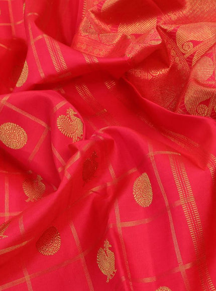 Pure kanjivaram silk saree dual shade of pink and green with allover zari checks annam & rudhraksha zari woven buttas and annam & elephant design zari woven border