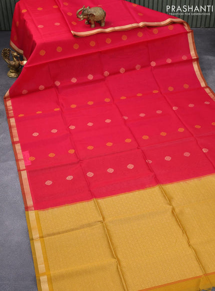 Kora silk cotton saree pink and dark mustard with thread & zari woven buttas and zari woven border