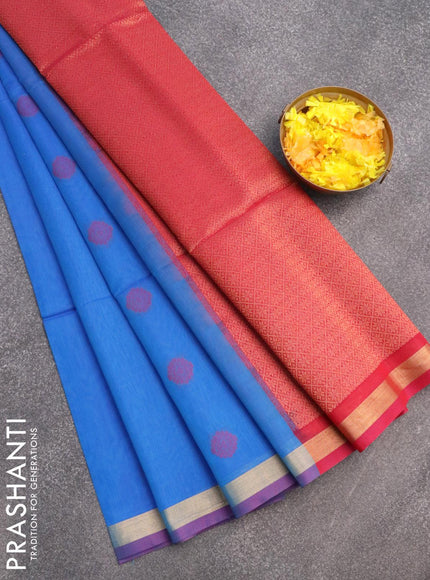 Kora silk cotton saree blue and reddish pink with thread & zari woven buttas and zari woven border