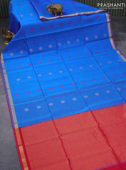 Kora silk cotton saree blue and reddish pink with thread & zari woven buttas and zari woven border