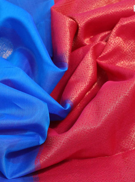 Kora silk cotton saree blue and reddish pink with thread & zari woven buttas and zari woven border