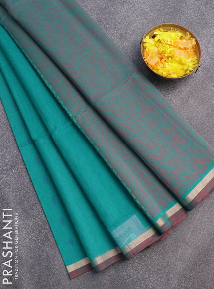 Kora silk cotton saree teal blue and maroon with thread & zari woven butta weaves and zari woven piping border