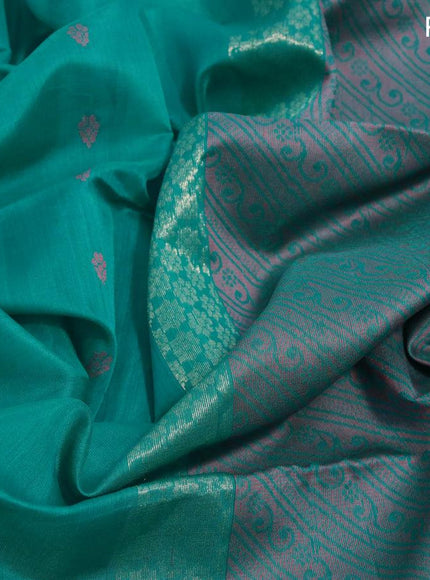 Kora silk cotton saree teal blue and maroon with thread & zari woven butta weaves and zari woven piping border