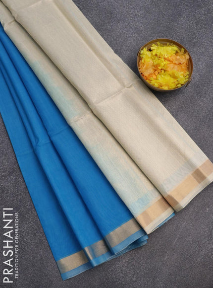 Kora silk cotton saree cs blue and cream with zari woven buttas and zari woven border